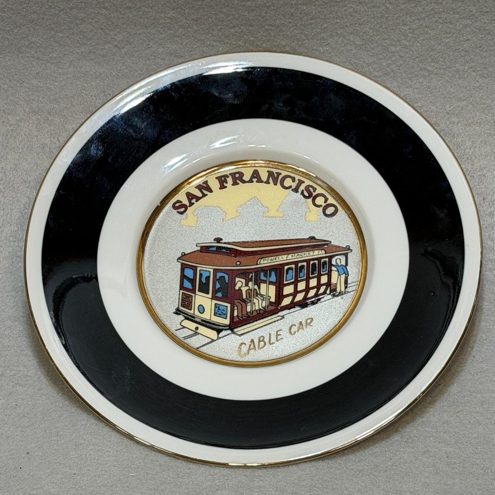 MONTEREY Japan San Francisco Cable Car Souvenir Plate Black White Gold Trim 7in